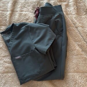 Extra small joggers with extra small one pocket top! Dark gray, FIGS!